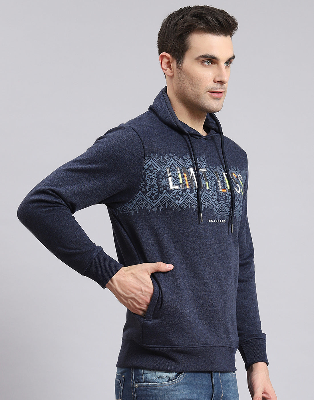 Men Blue Printed F Neck Full Sleeve Sweatshirt