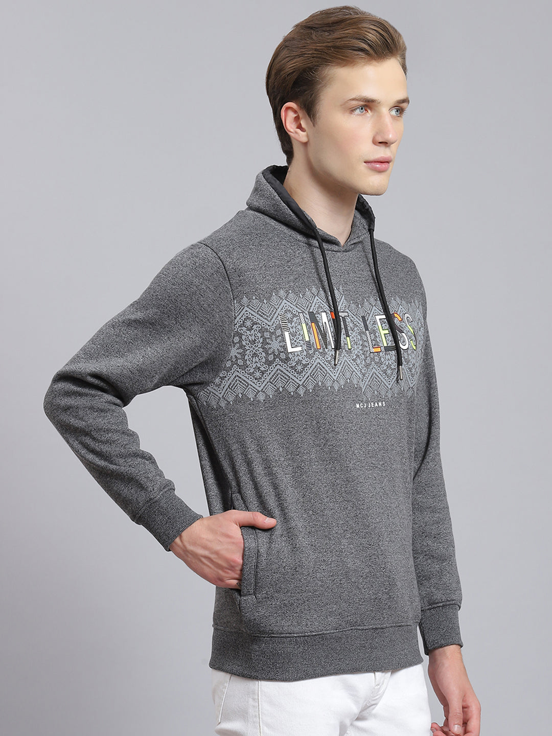 Men Grey Printed Mock Collar Full Sleeve Sweatshirt