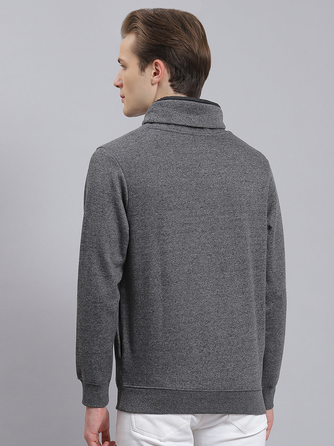 Men Grey Printed Mock Collar Full Sleeve Sweatshirt
