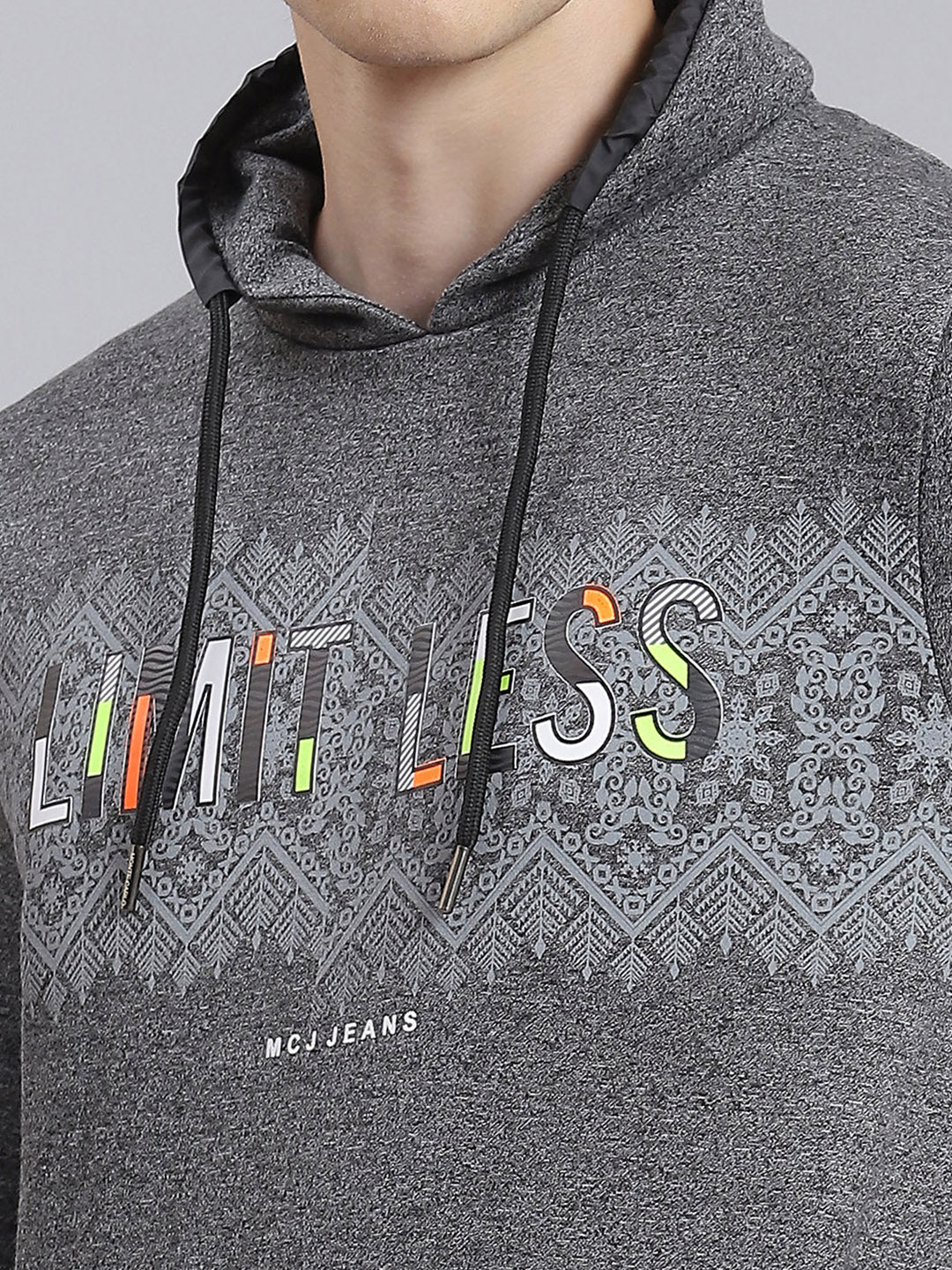 Men Grey Printed Mock Collar Full Sleeve Sweatshirt