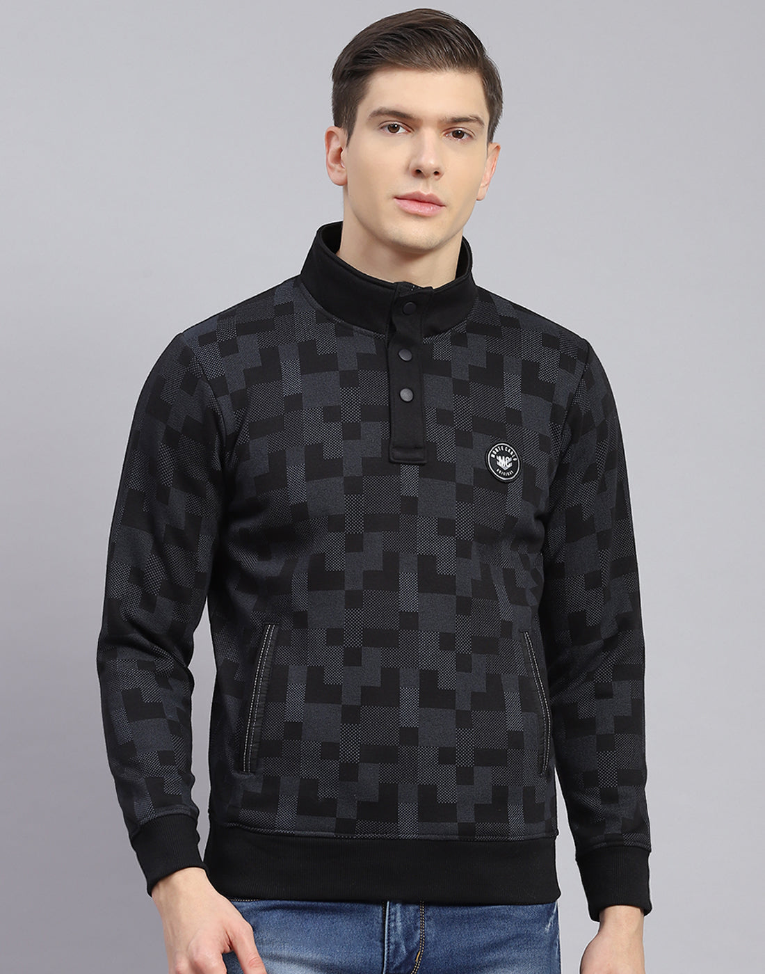 Men Black Self Design T Neck Full Sleeve Sweatshirt