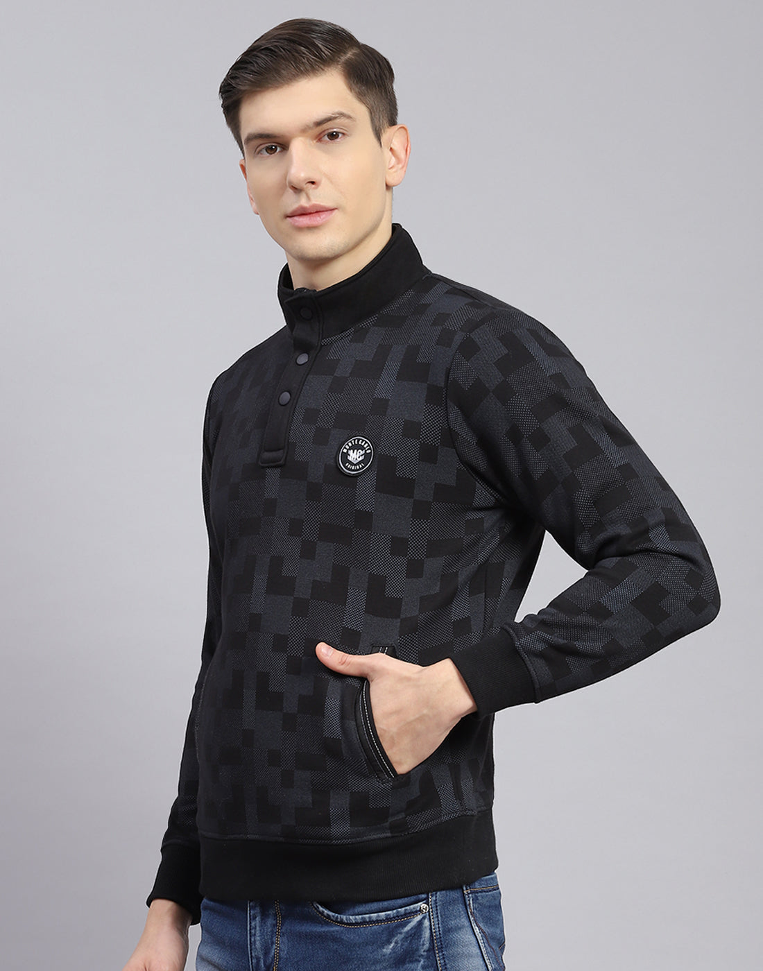 Men Black Self Design T Neck Full Sleeve Sweatshirt