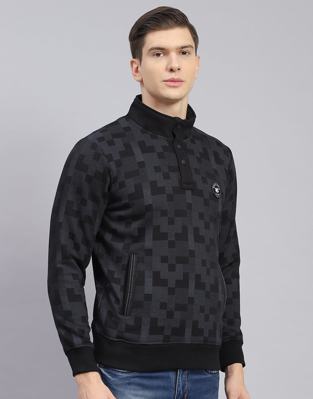 Men Black Self Design T Neck Full Sleeve Sweatshirt