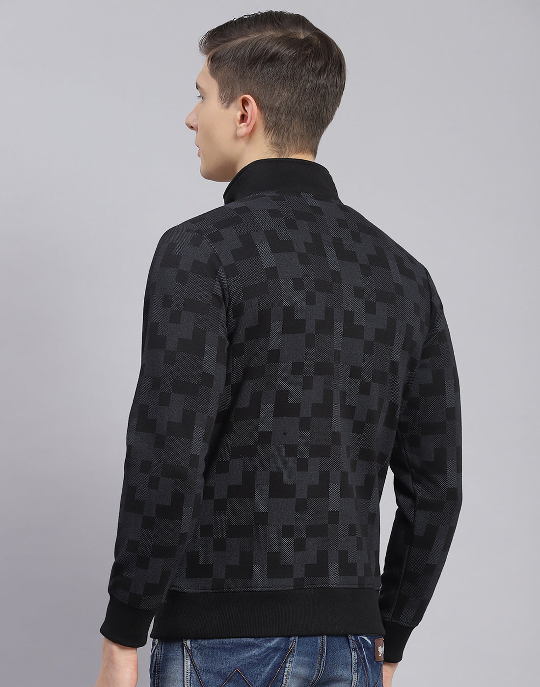 Men Black Self Design T Neck Full Sleeve Sweatshirt