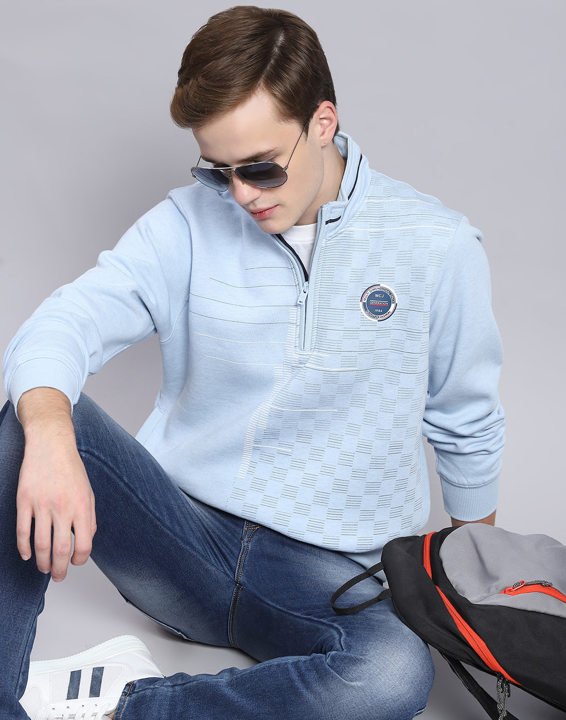 Men Blue Printed H Neck Full Sleeve Sweatshirt