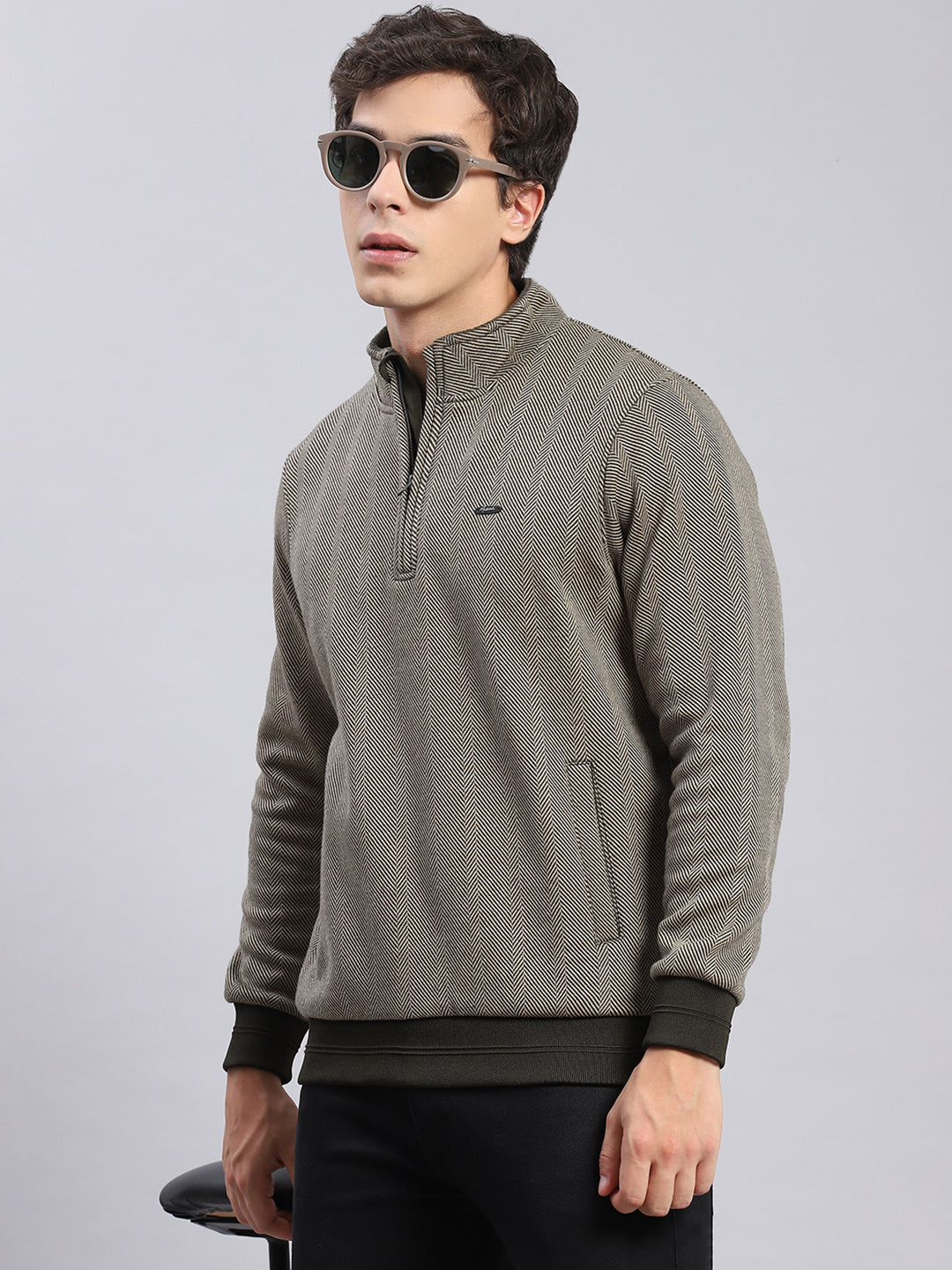 Men Olive Self Design T Neck Full Sleeve Sweatshirts