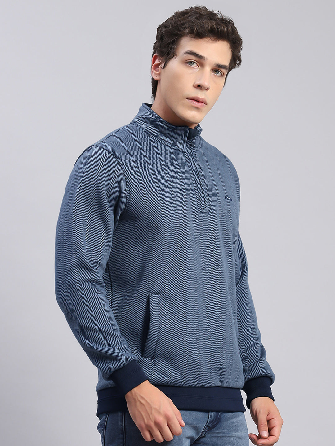 Men Blue Self Design T Neck Full Sleeve Sweatshirts