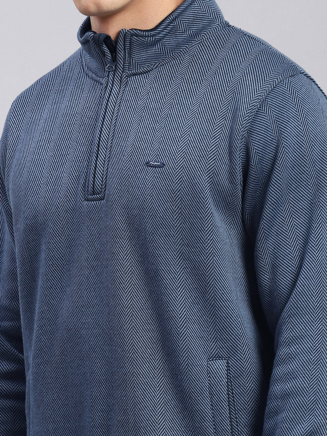Men Blue Self Design T Neck Full Sleeve Sweatshirts