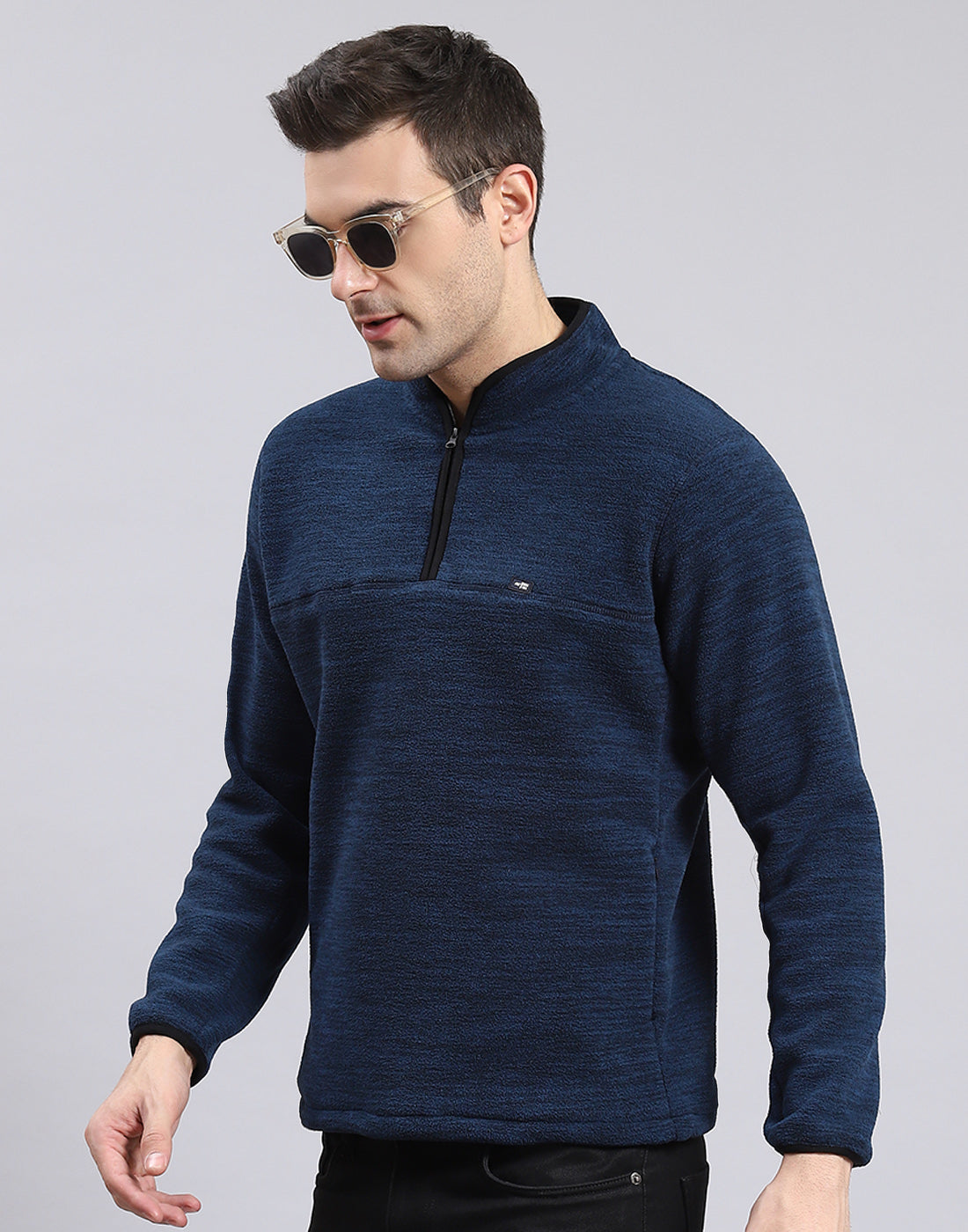 Men Teal Blue Self Design T Neck Full Sleeve Sweatshirt