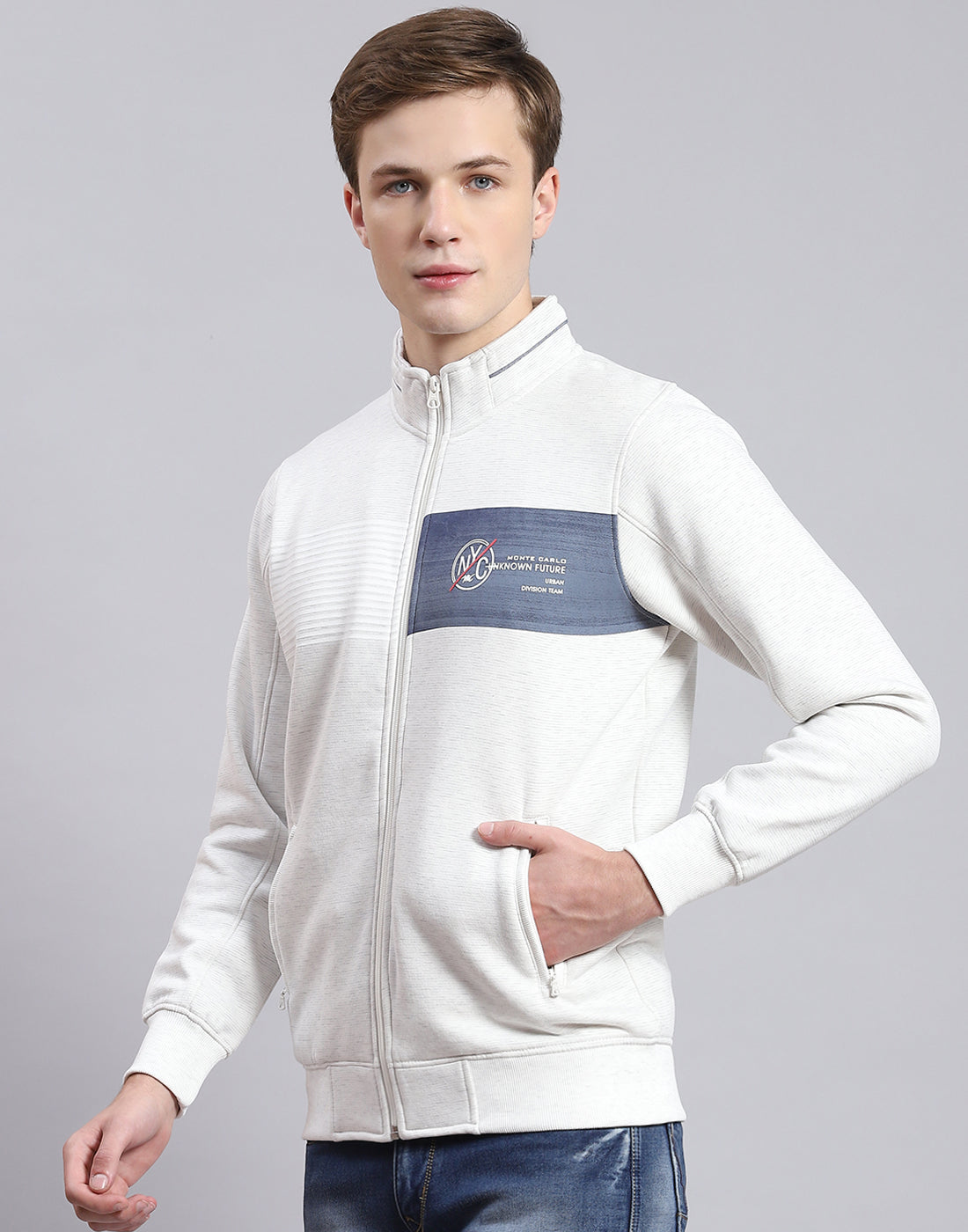 Men Off White Solid Stand Collar Full Sleeve Sweatshirt