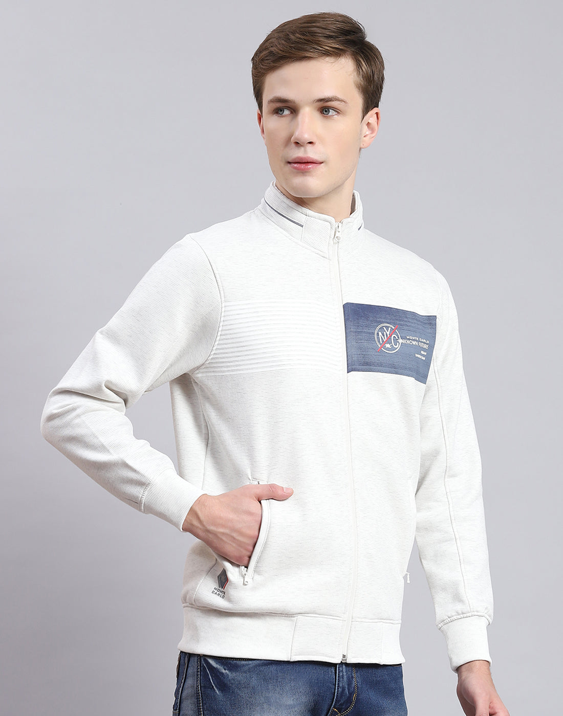 Men Off White Solid Stand Collar Full Sleeve Sweatshirt