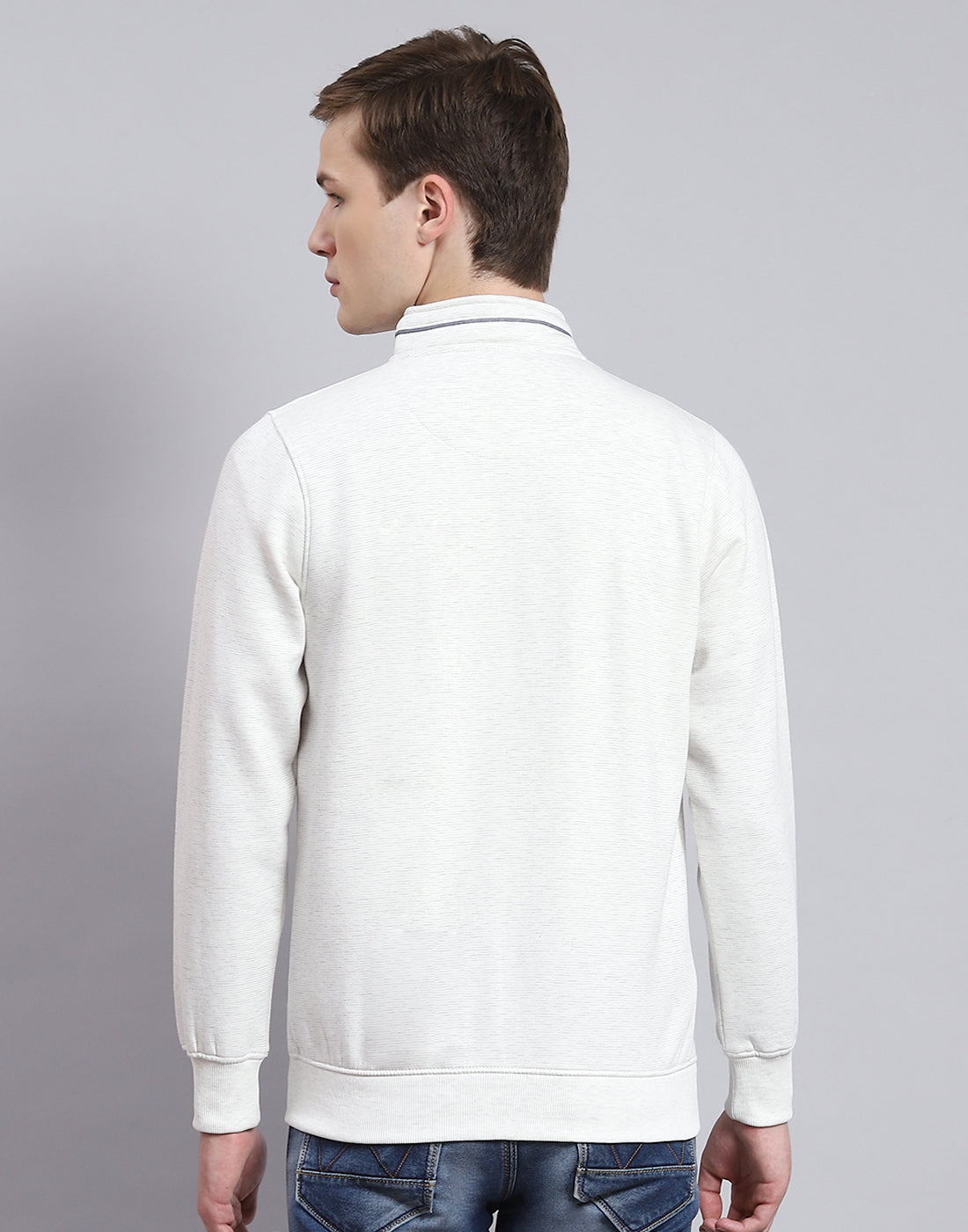 Men Off White Solid Stand Collar Full Sleeve Sweatshirt