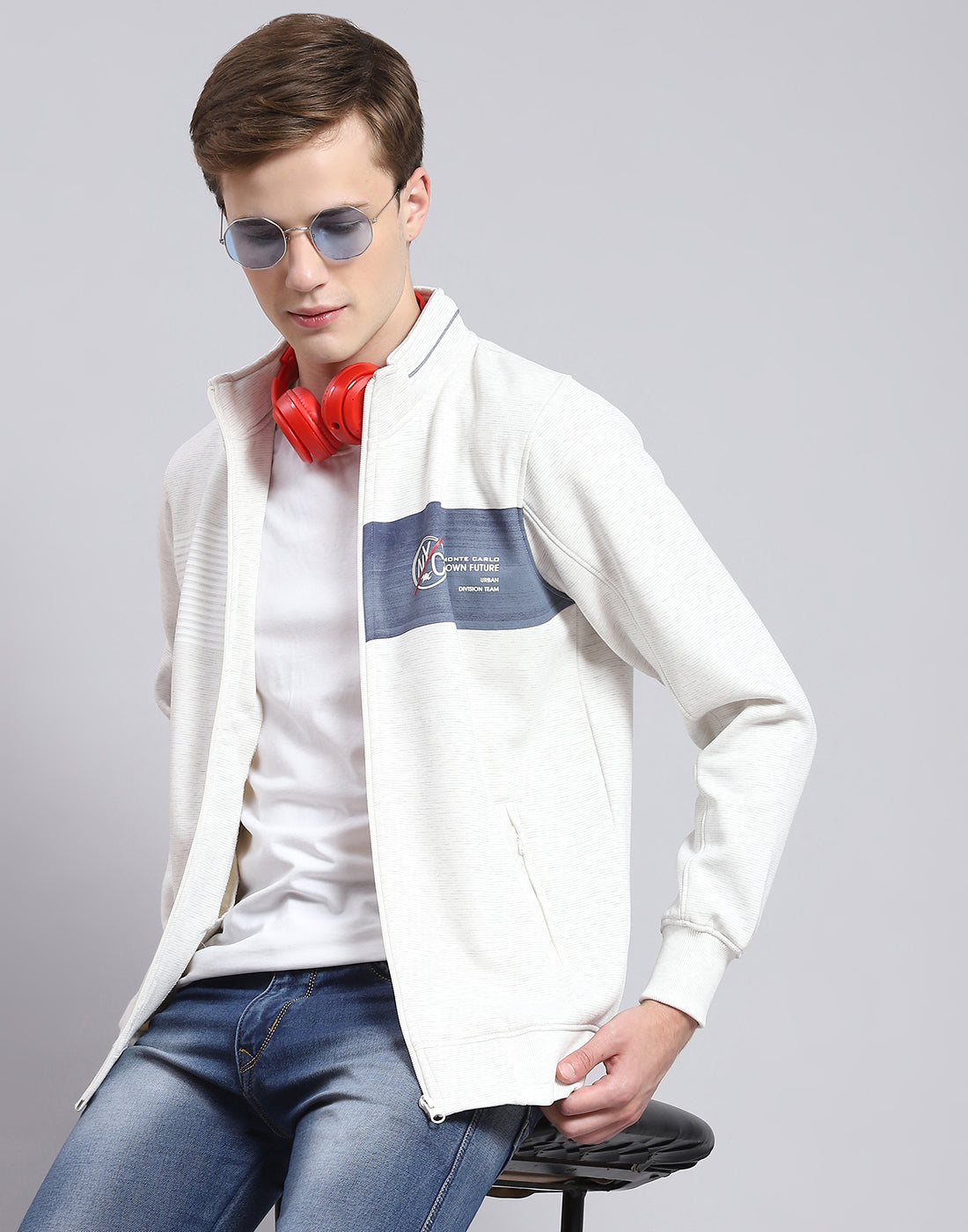 Men Off White Solid Stand Collar Full Sleeve Sweatshirt
