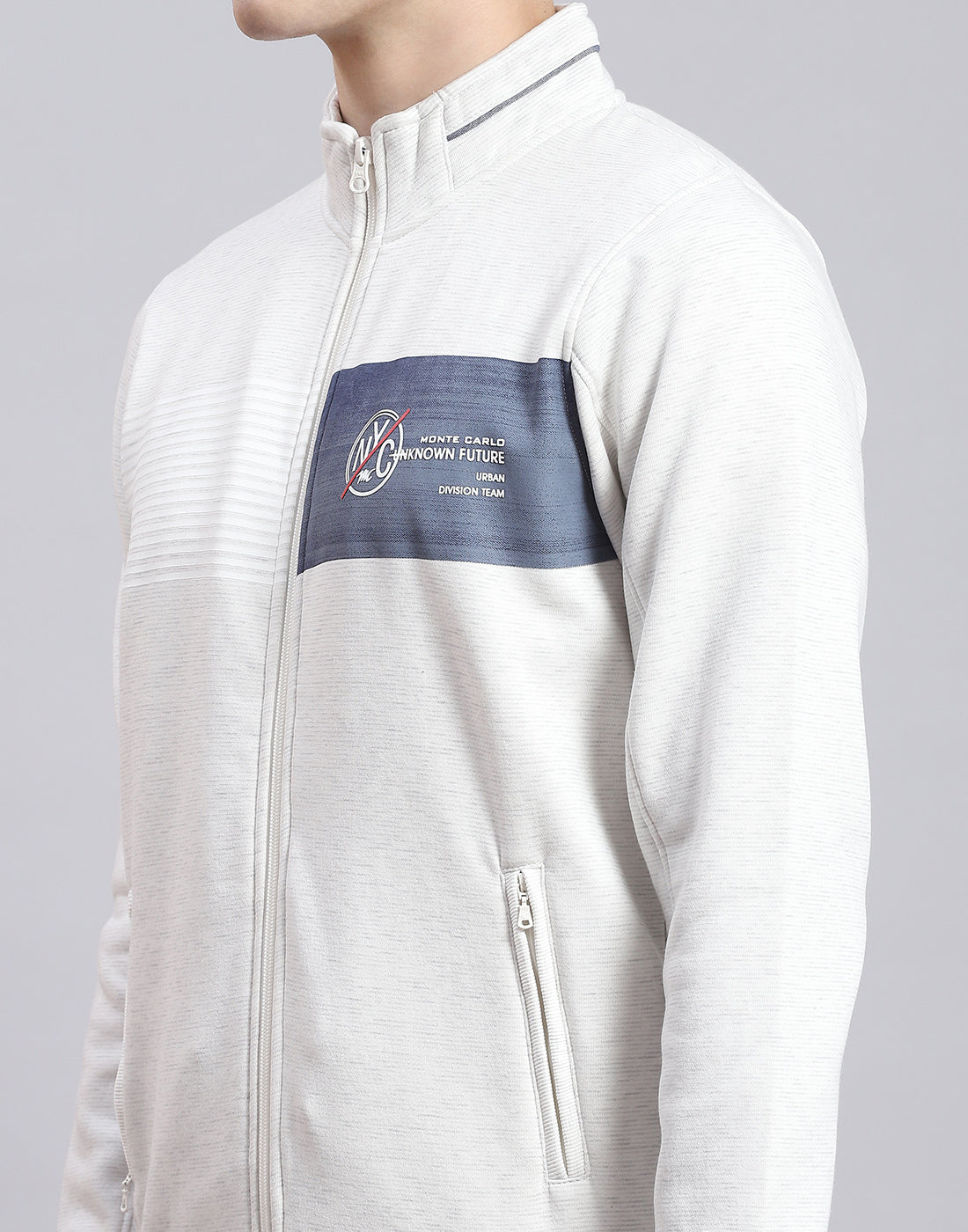 Men Off White Solid Stand Collar Full Sleeve Sweatshirt