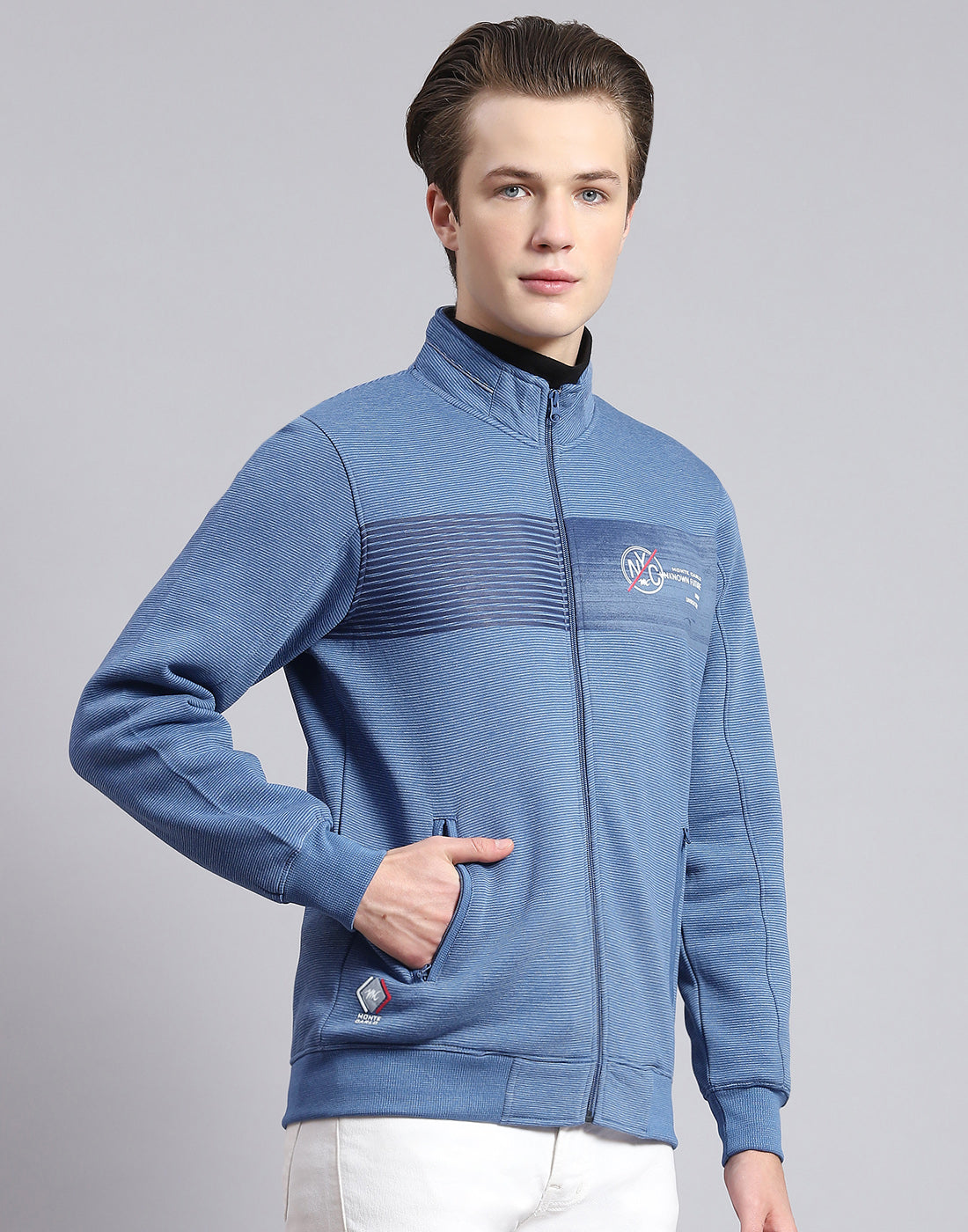 Men Blue Solid Stand Collar Full Sleeve Sweatshirt