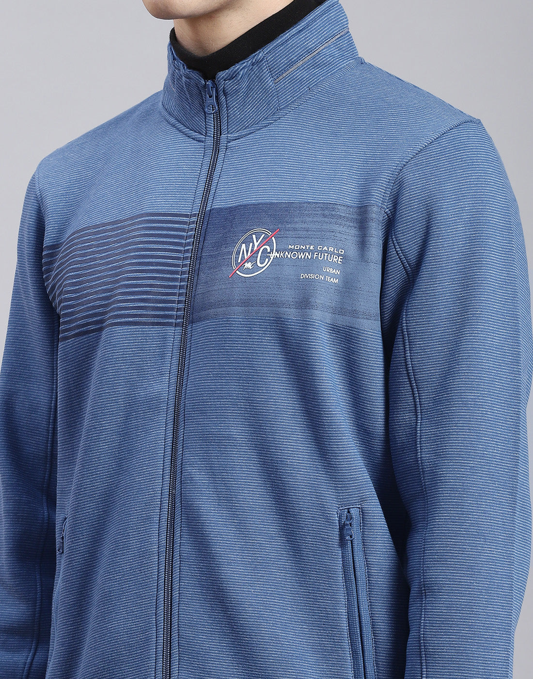 Men Blue Solid Stand Collar Full Sleeve Sweatshirt