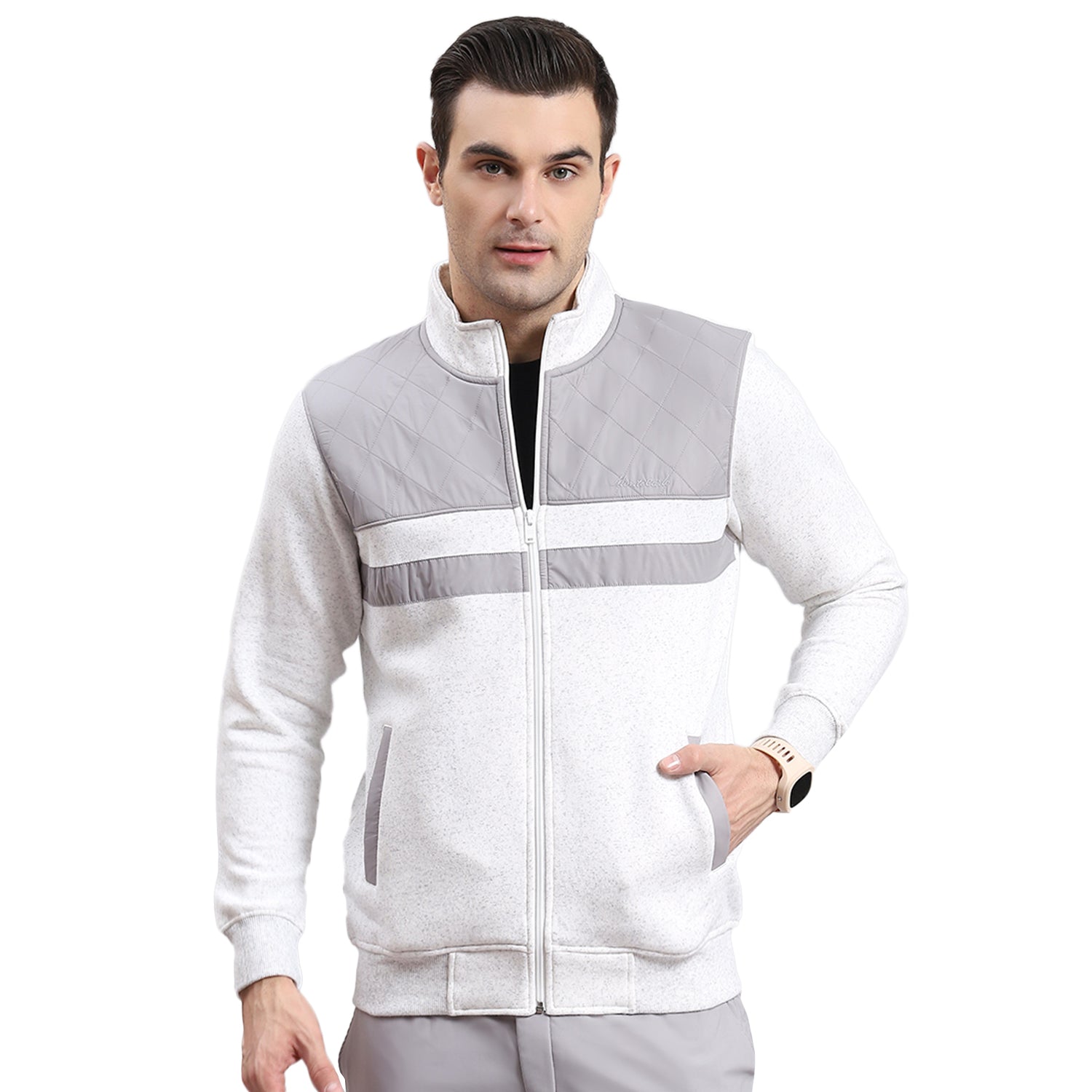 Men Grey Solid Stand Collar Full Sleeve Sweatshirt