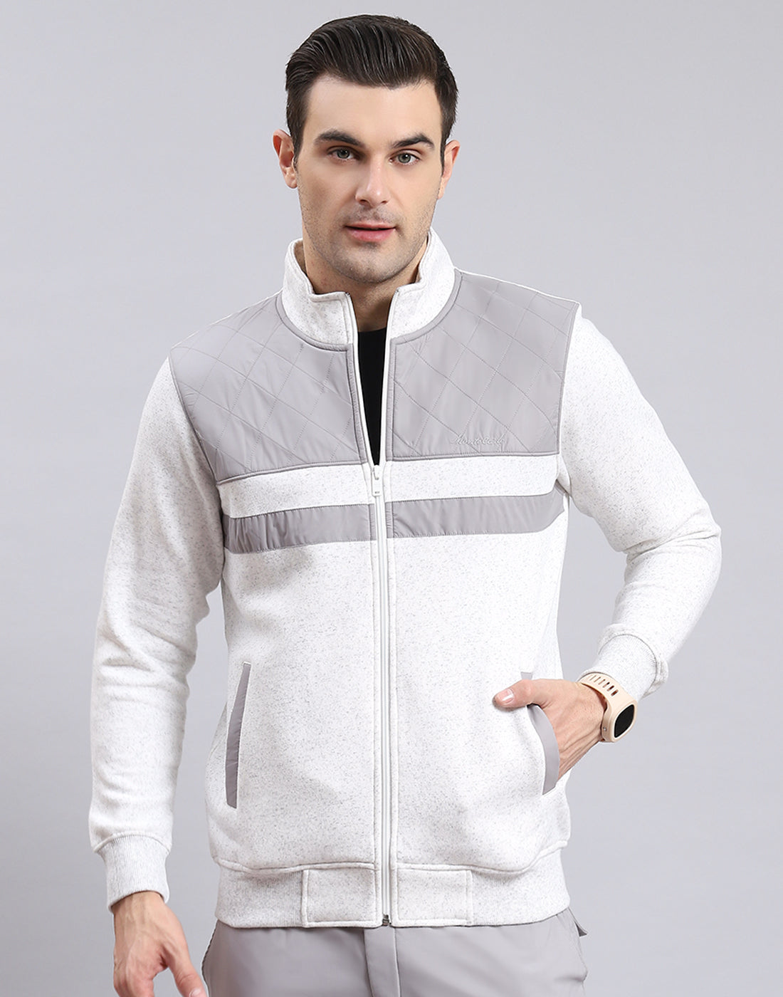 Men Grey Solid Stand Collar Full Sleeve Sweatshirt