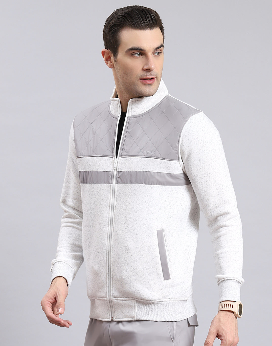 Men Grey Solid Stand Collar Full Sleeve Sweatshirt