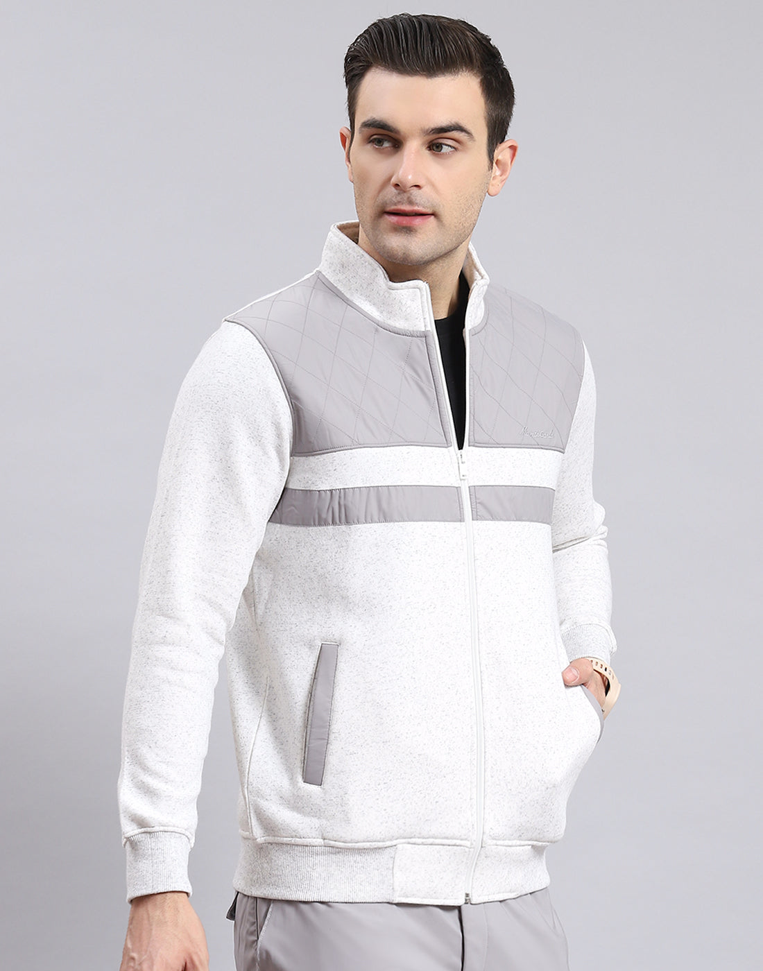 Men Grey Solid Stand Collar Full Sleeve Sweatshirt