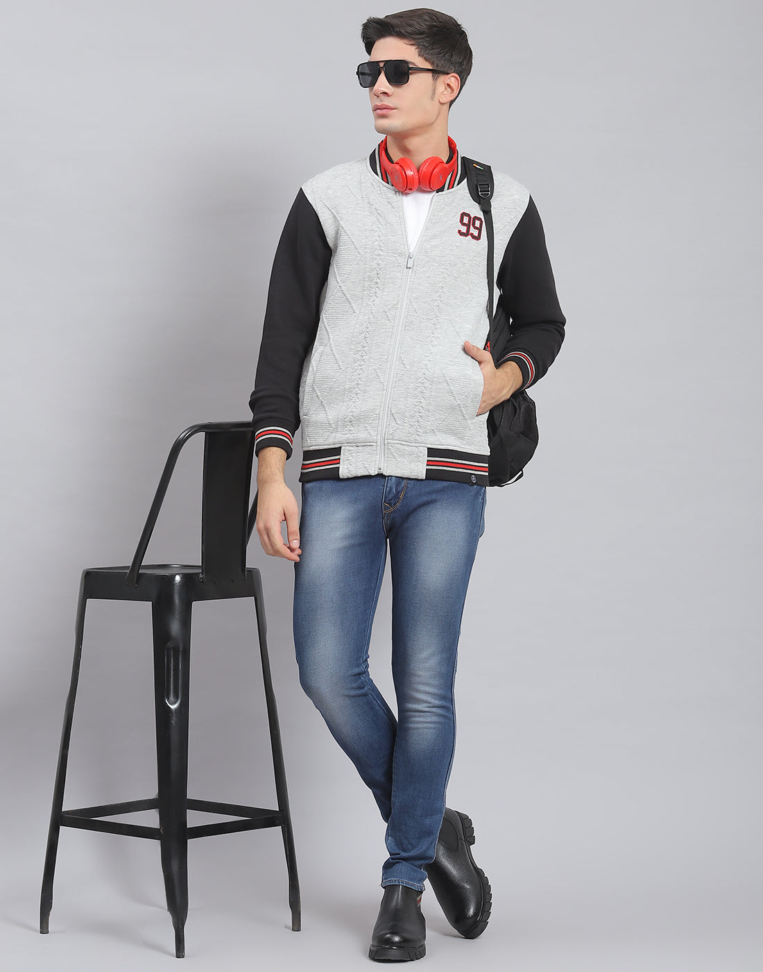 Men Grey Solid Mandarin Collar Full Sleeve Sweatshirt