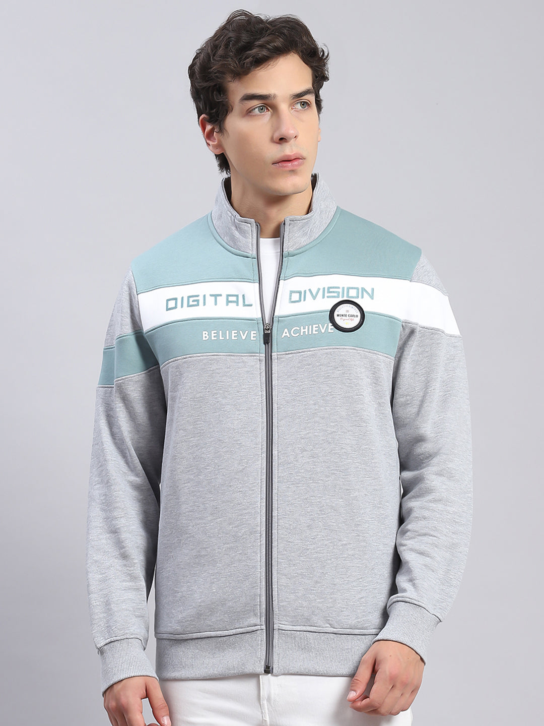 Men Grey Solid Stand Collar Full Sleeve Sweatshirts