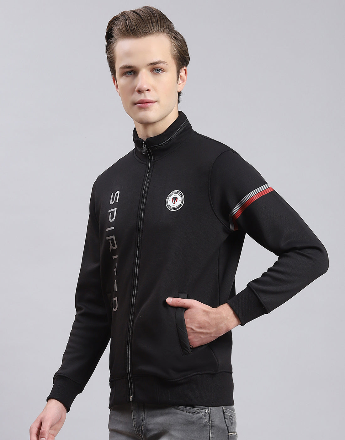 Men Black Solid Stand Collar Full Sleeve Sweatshirt