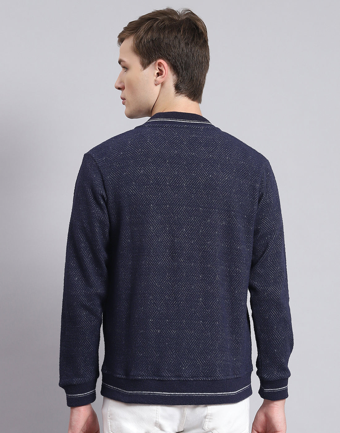 Men Navy Blue Solid Mandarin Collar Full Sleeve Sweatshirt