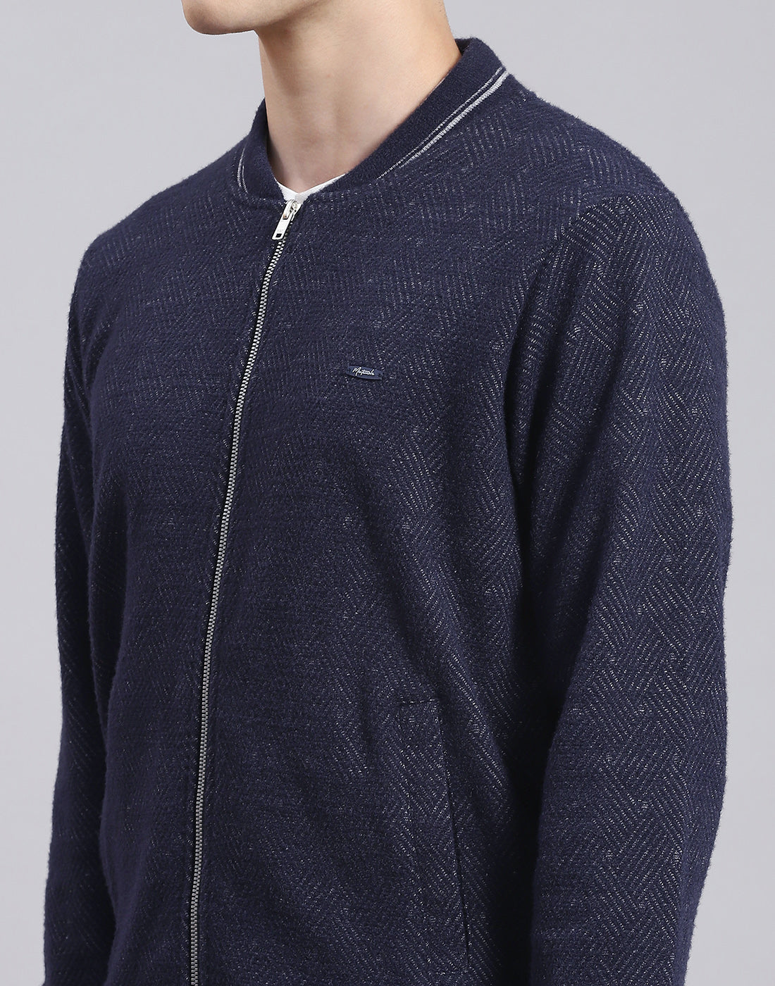 Men Navy Blue Solid Mandarin Collar Full Sleeve Sweatshirt