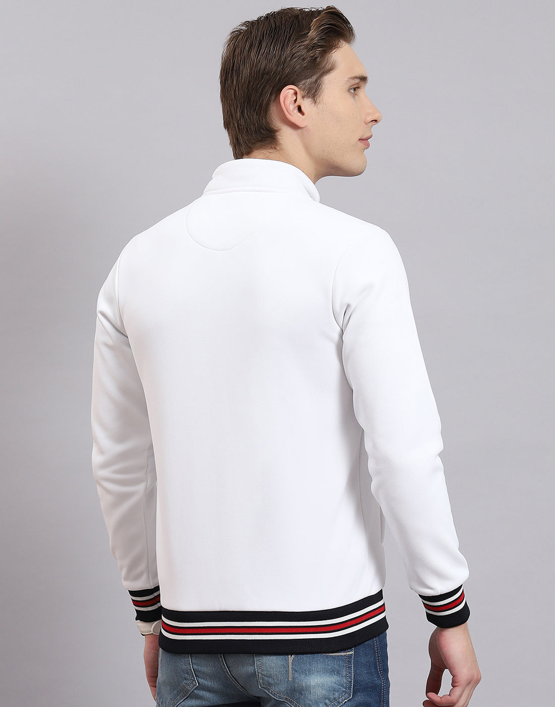 Men White Solid Collar Full Sleeve Sweatshirt