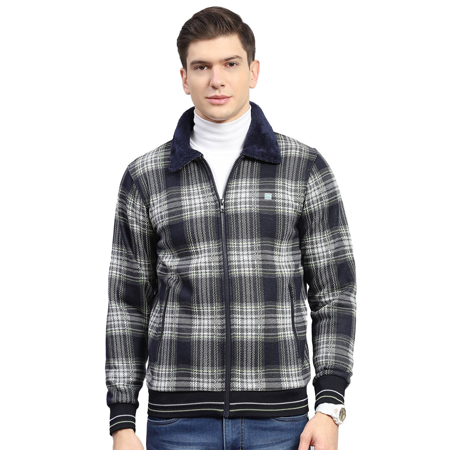 Men Navy Blue Check Collar Full Sleeve Sweatshirt