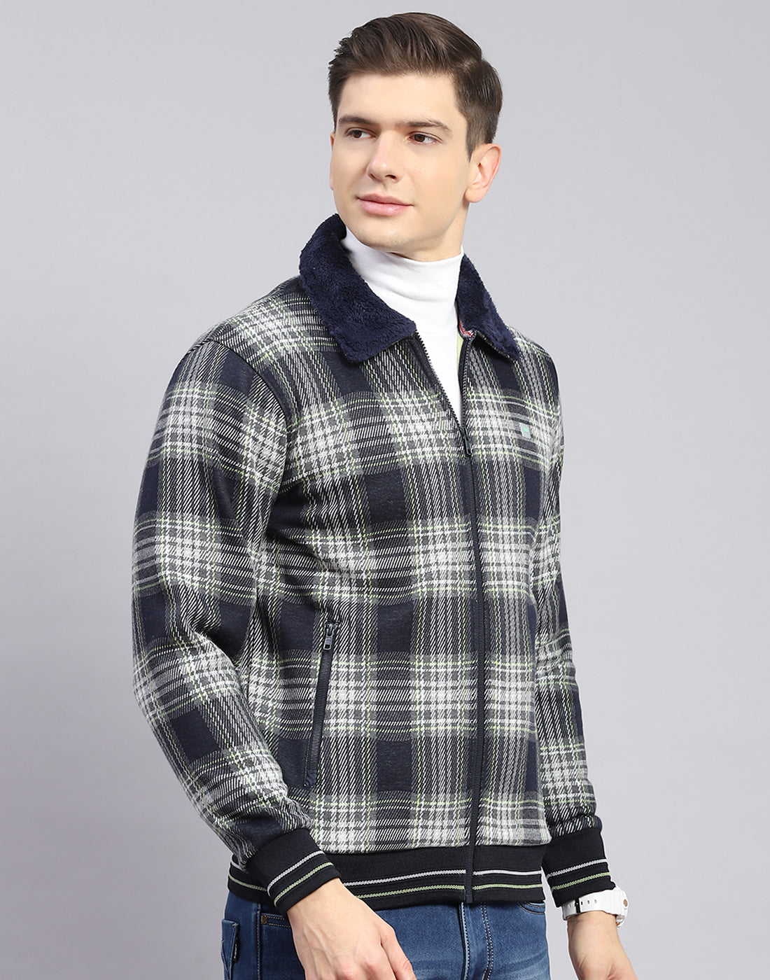 Men Navy Blue Check Collar Full Sleeve Sweatshirt