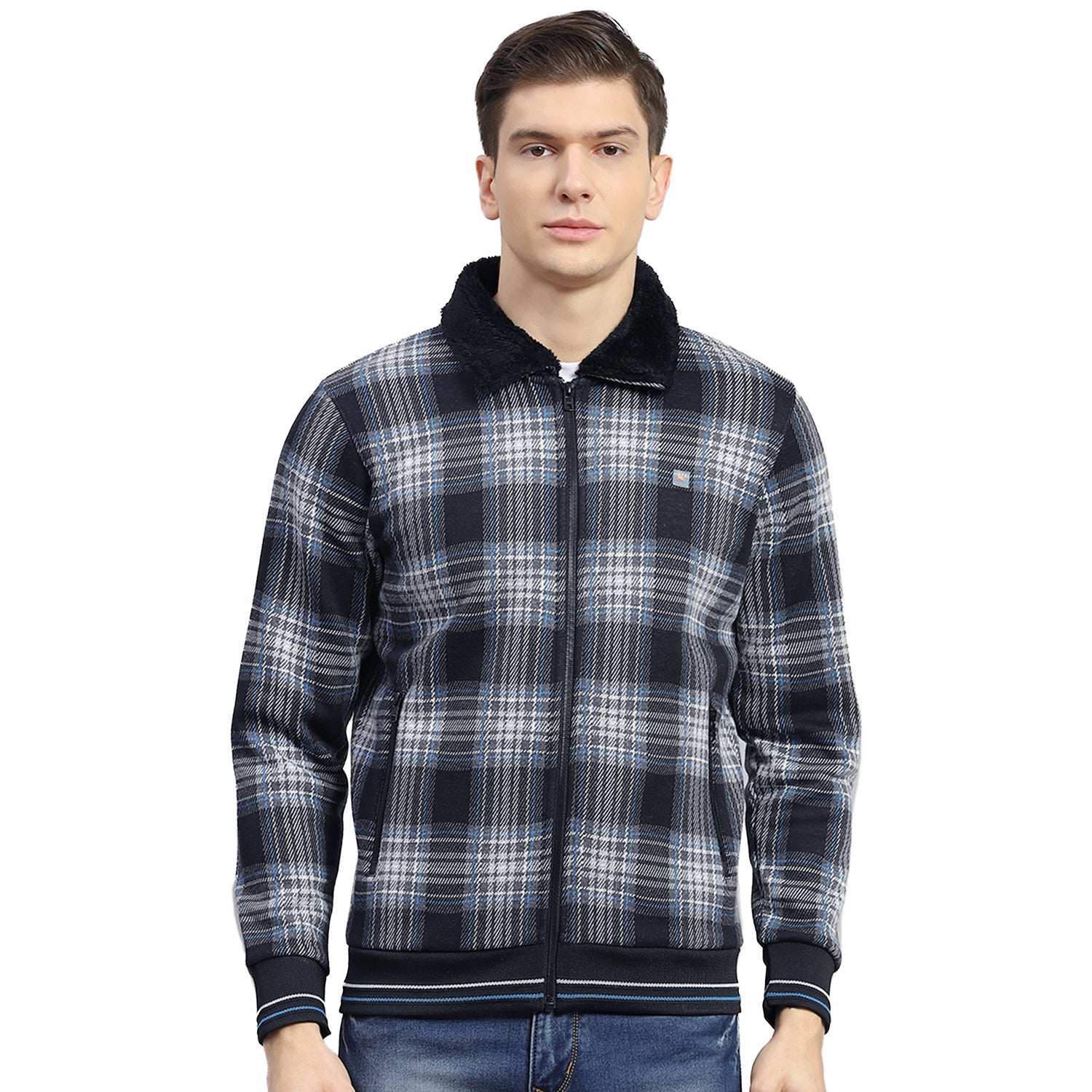 Men Black Check Collar Full Sleeve Sweatshirt
