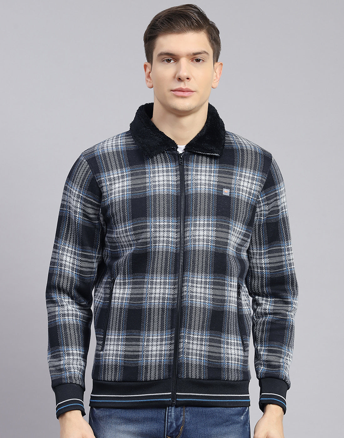 Men Black Check Collar Full Sleeve Sweatshirt