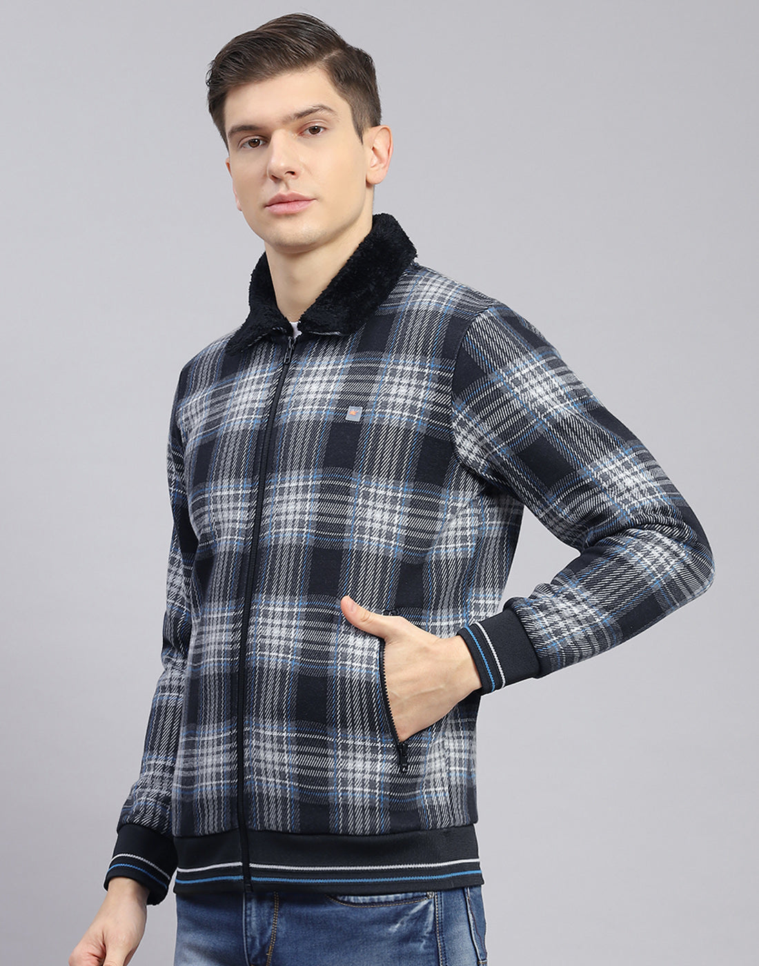 Men Black Check Collar Full Sleeve Sweatshirt