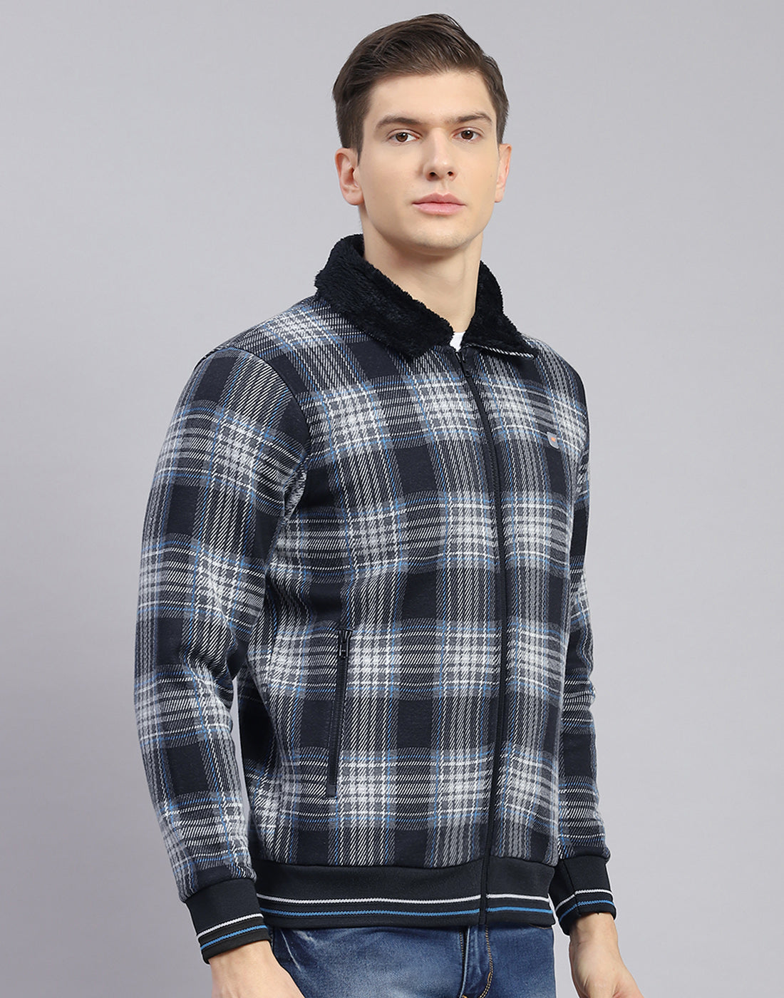 Men Black Check Collar Full Sleeve Sweatshirt