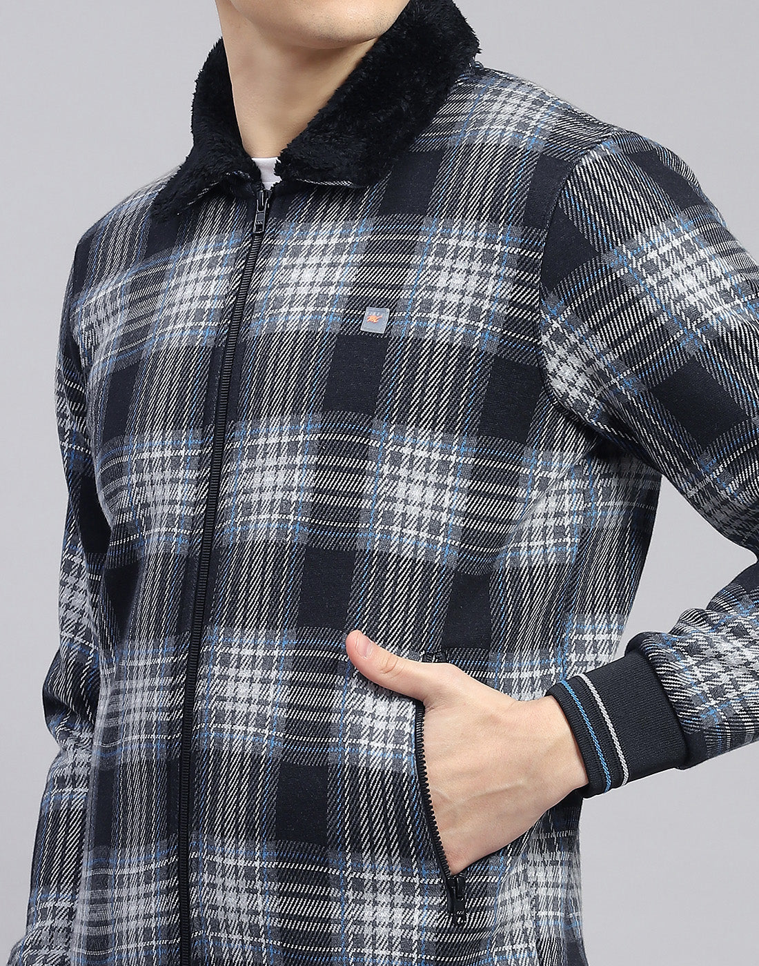 Men Black Check Collar Full Sleeve Sweatshirt