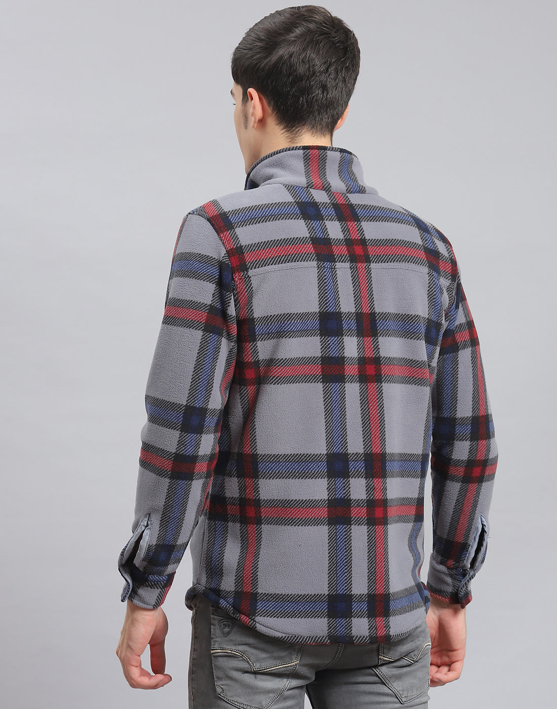 Men Grey Check Stand Collar Full Sleeve Sweatshirt