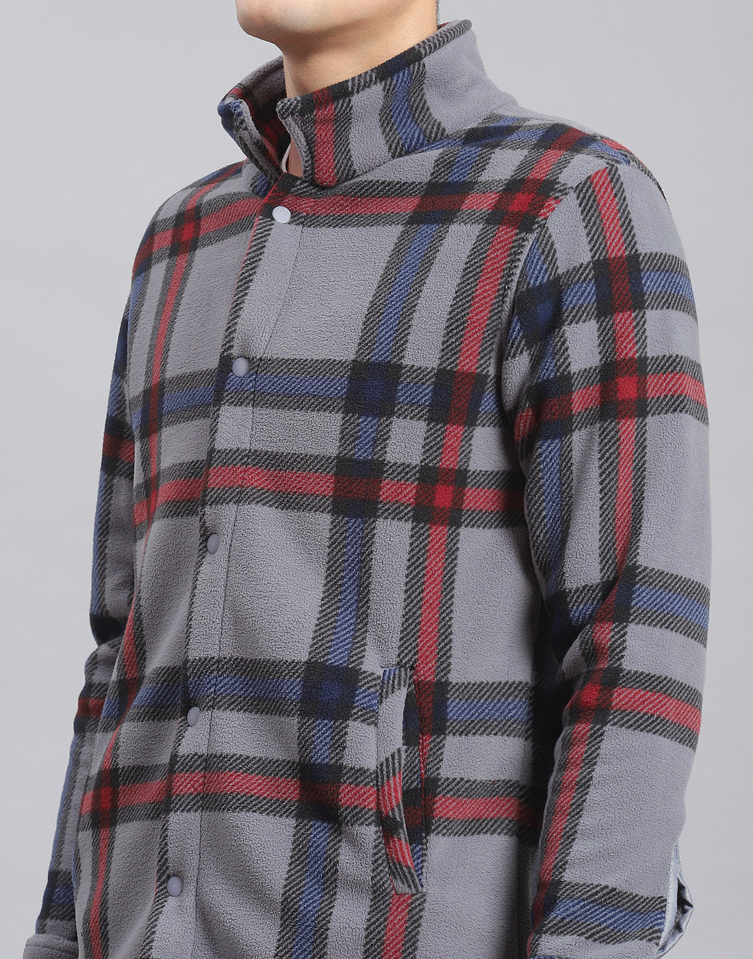 Men Grey Check Stand Collar Full Sleeve Sweatshirt