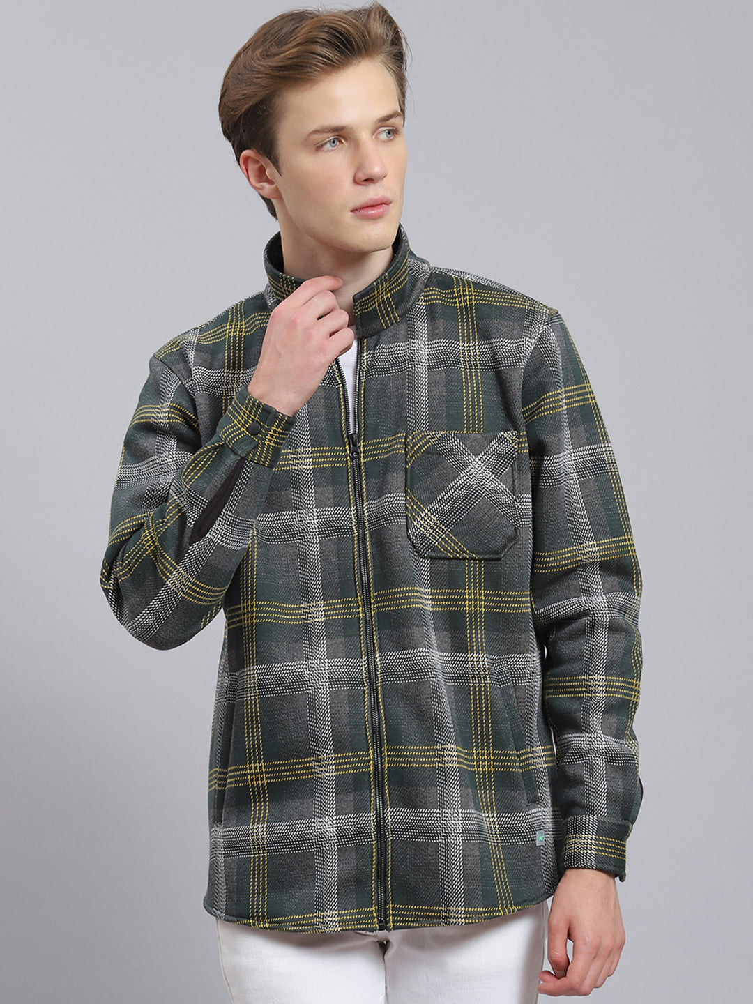 Men Green Check Collar Full Sleeve Sweatshirt