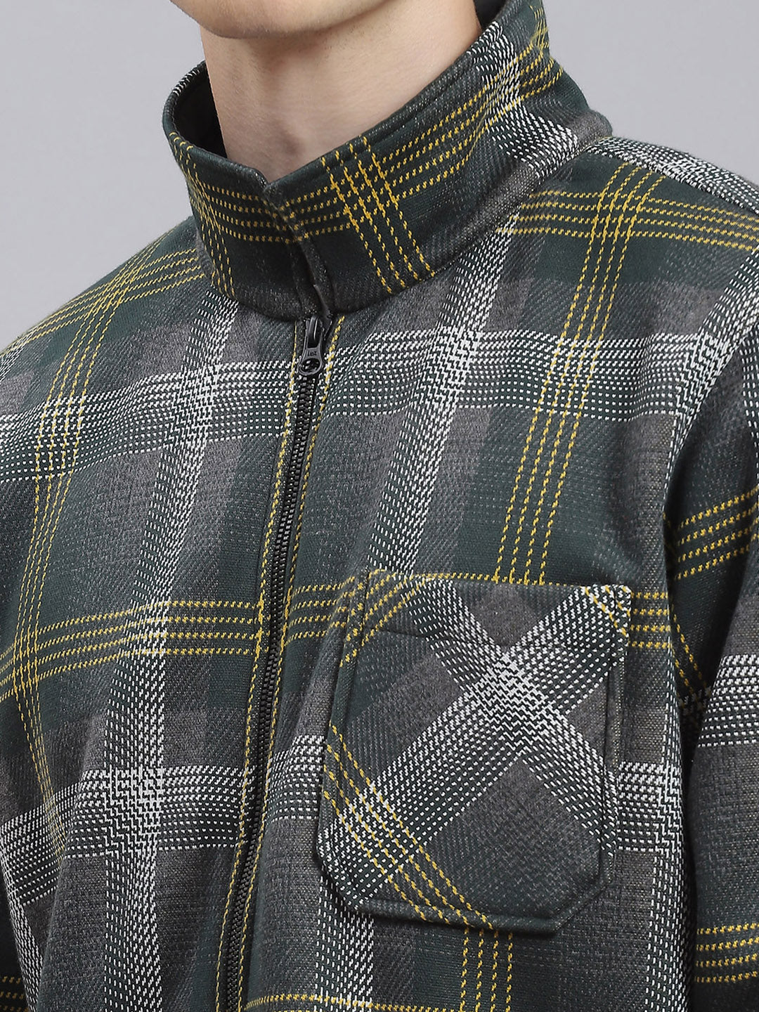 Men Green Check Collar Full Sleeve Sweatshirt