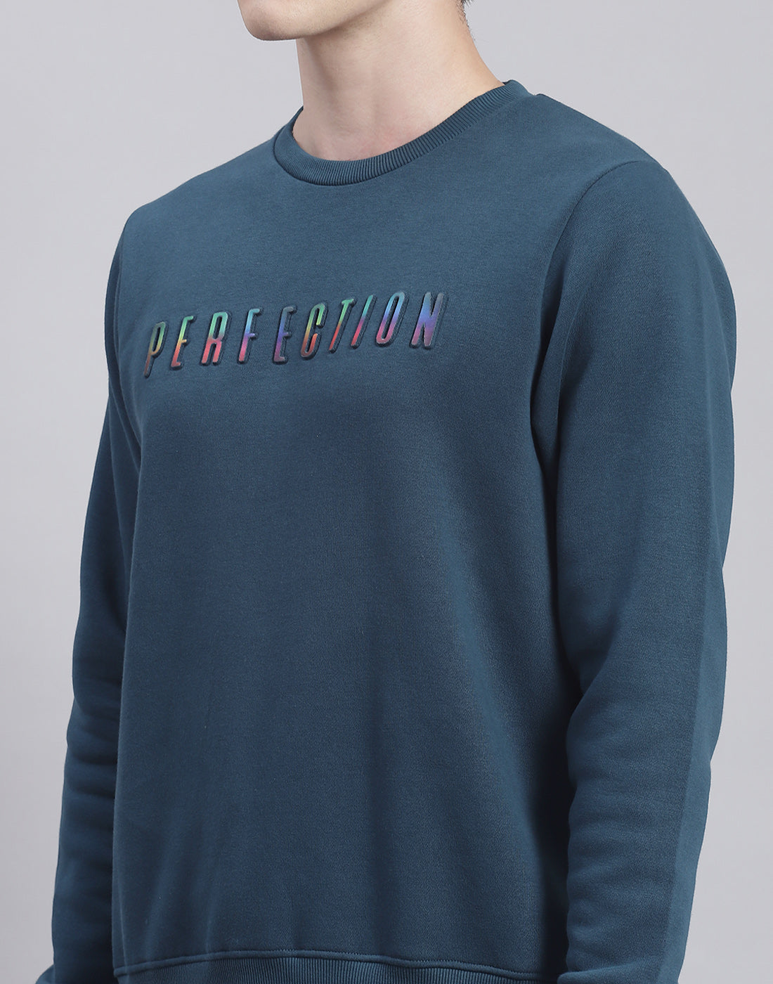 Men Teal Blue Solid Round Neck Full Sleeve Tracksuit