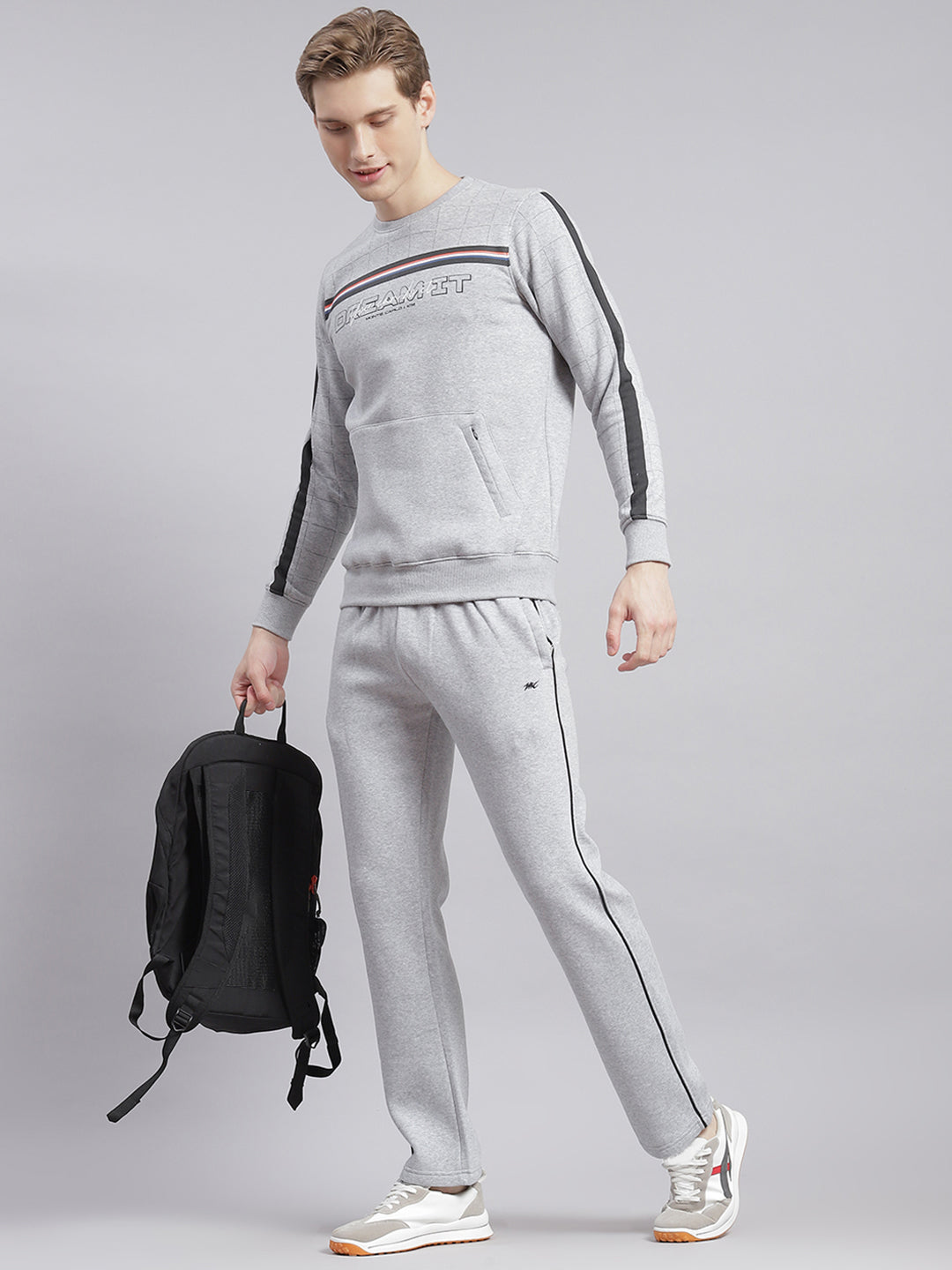 Men Grey Printed Round Neck Full Sleeve Tracksuits