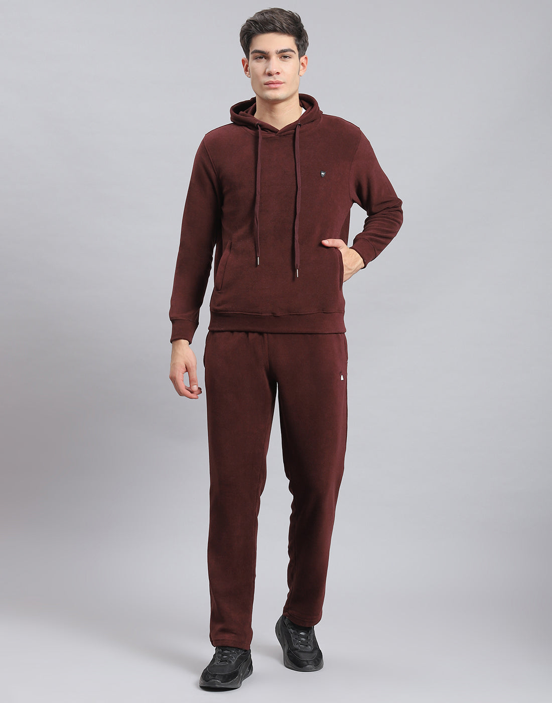 Men Brown Solid Hooded Full Sleeve Tracksuit