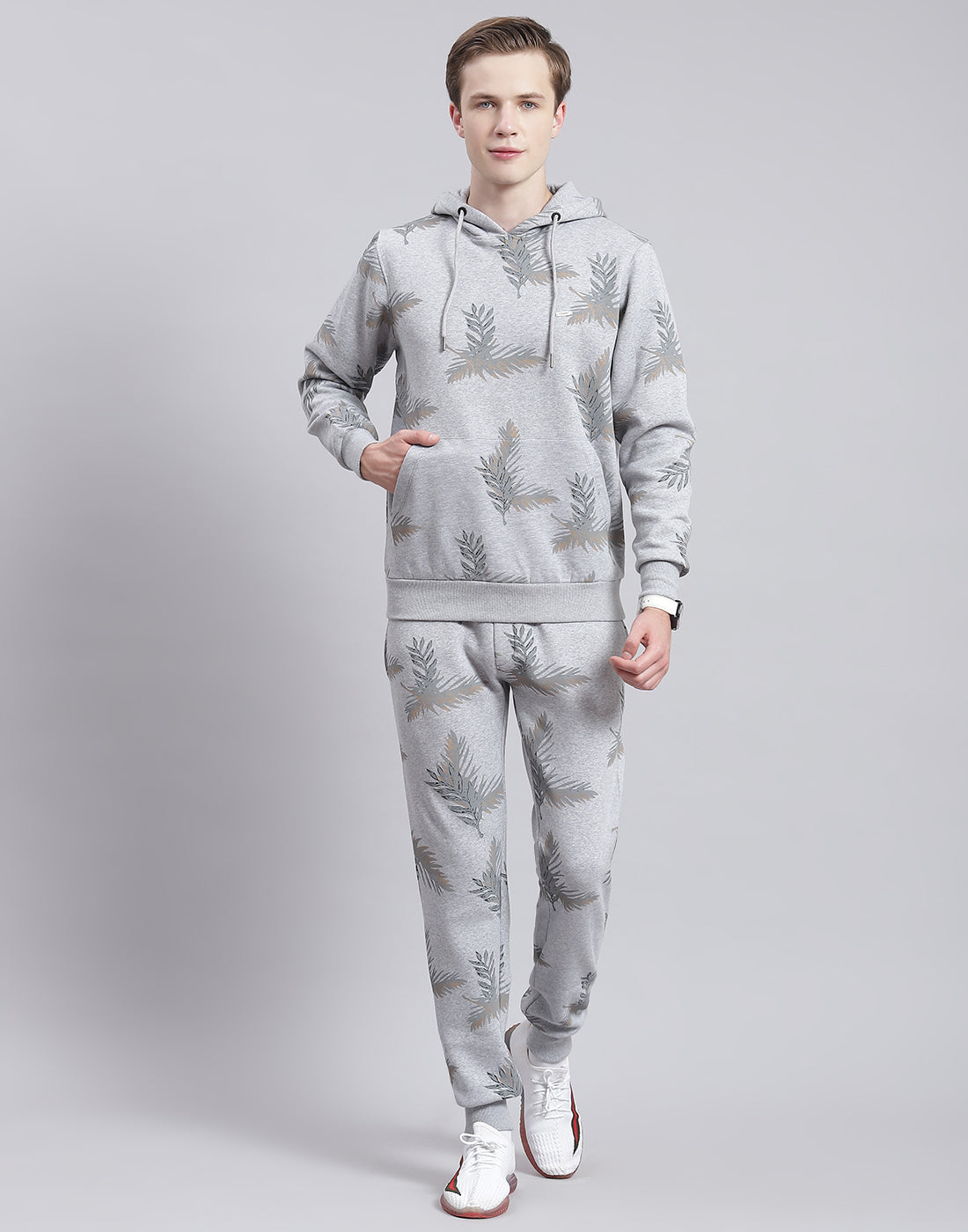 Men Grey Printed Hooded Full Sleeve Tracksuit