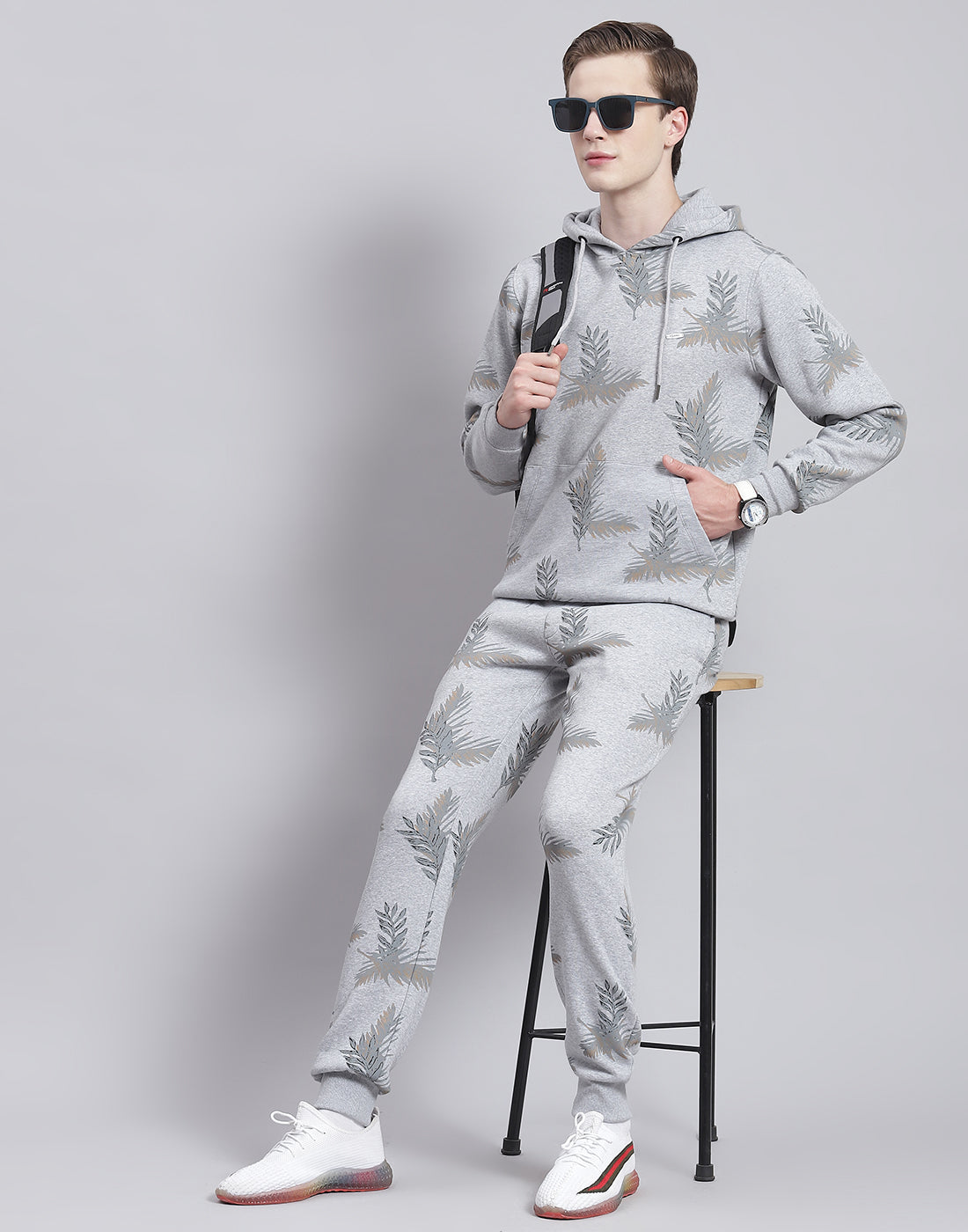 Men Grey Printed Hooded Full Sleeve Tracksuit