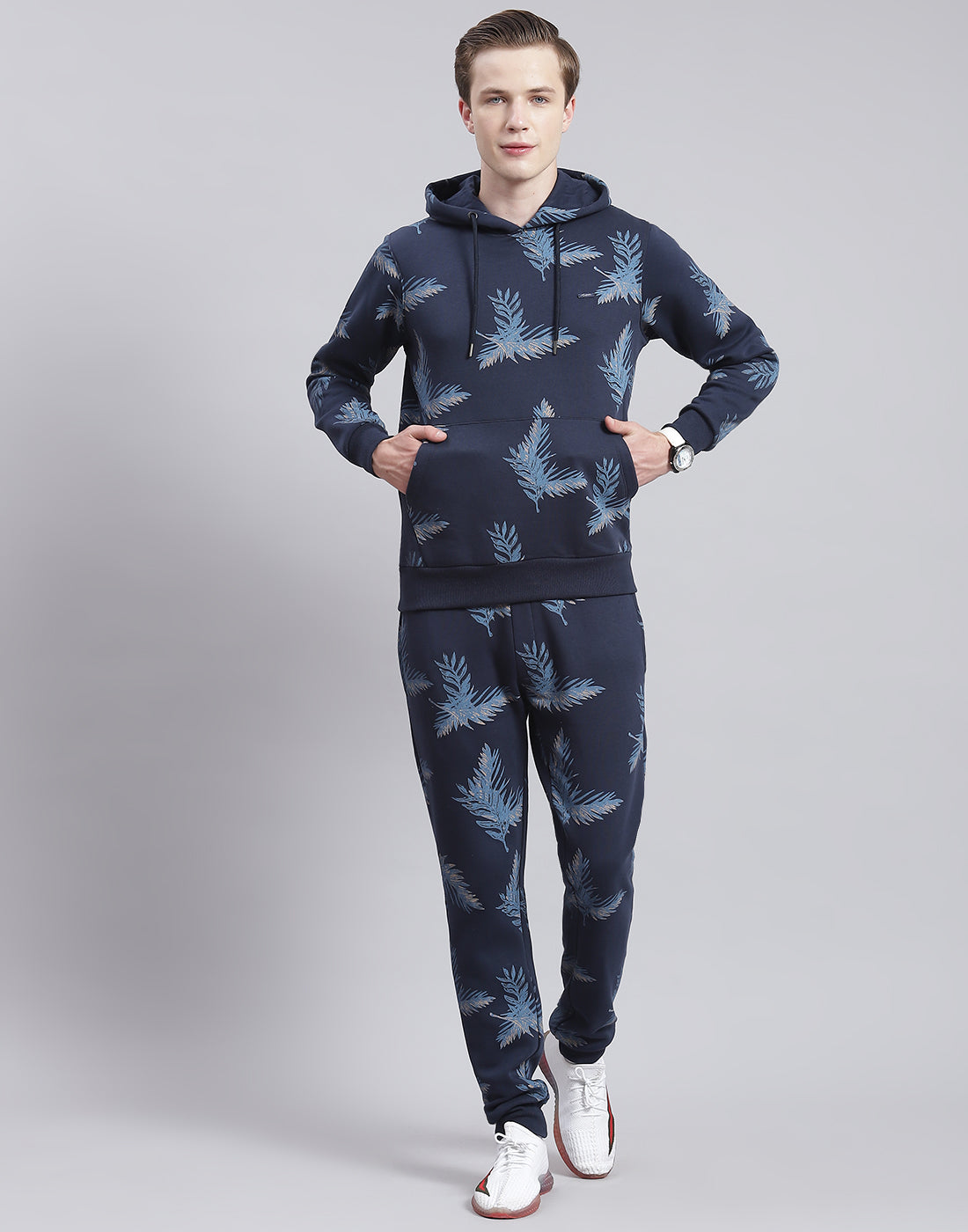 Men Navy Blue Printed Hooded Full Sleeve Tracksuit