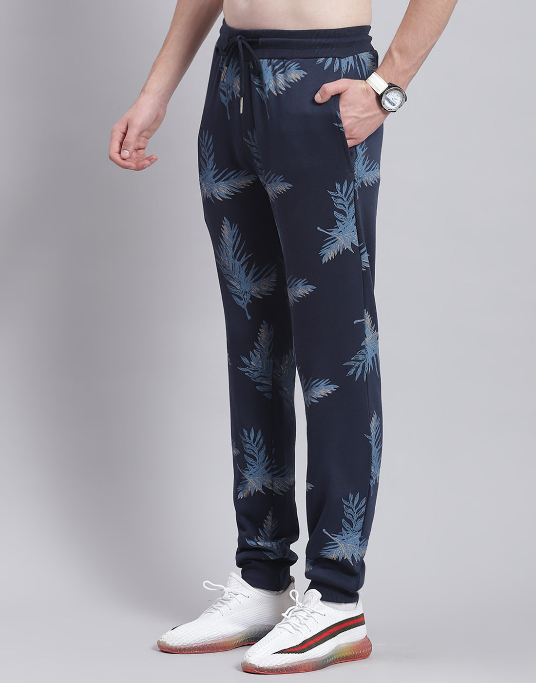 Men Navy Blue Printed Hooded Full Sleeve Tracksuit