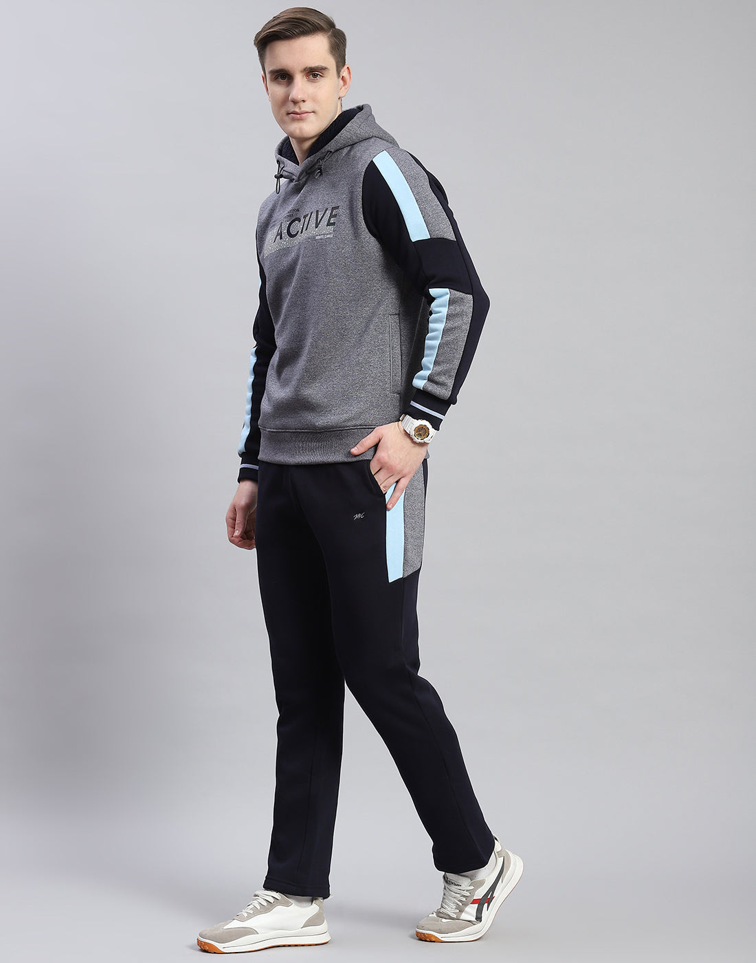 Men Navy Blue Solid Hooded Full Sleeve Tracksuit