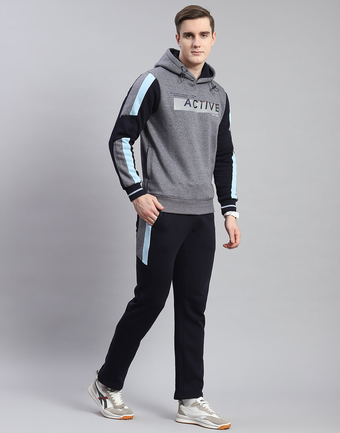 Men Navy Blue Solid Hooded Full Sleeve Tracksuit